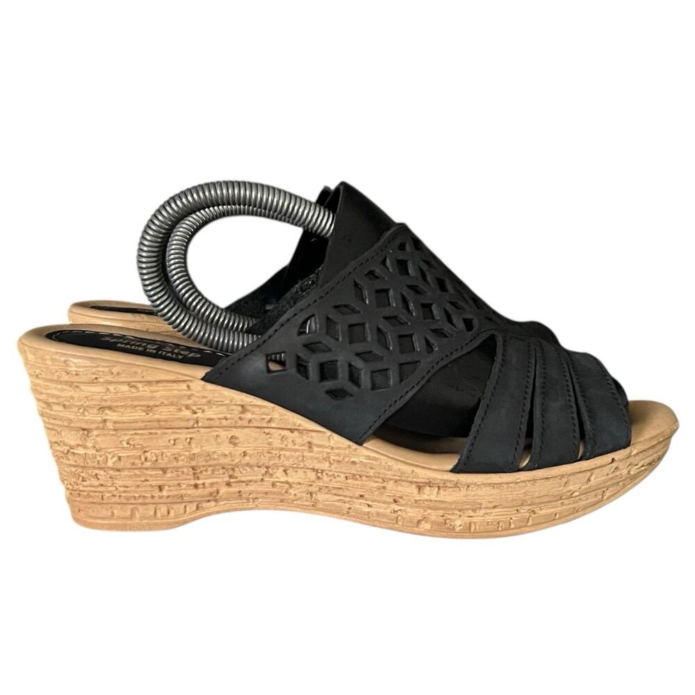 Spring Step‎ Black Leather Laser Cut Wedge Sandals Made in Italy Womens Size 8